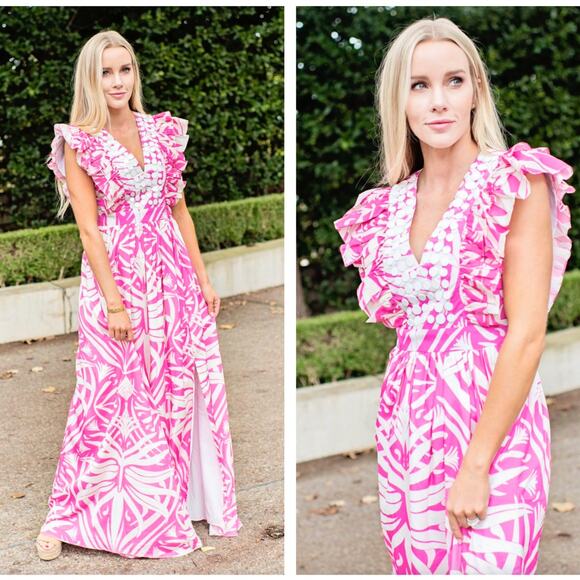 SHERIDAN FRENCH x TUCKERNUCK Stacey Maxi Dress Hot Prink Boho Leaves {3O6} - Picture 2 of 2